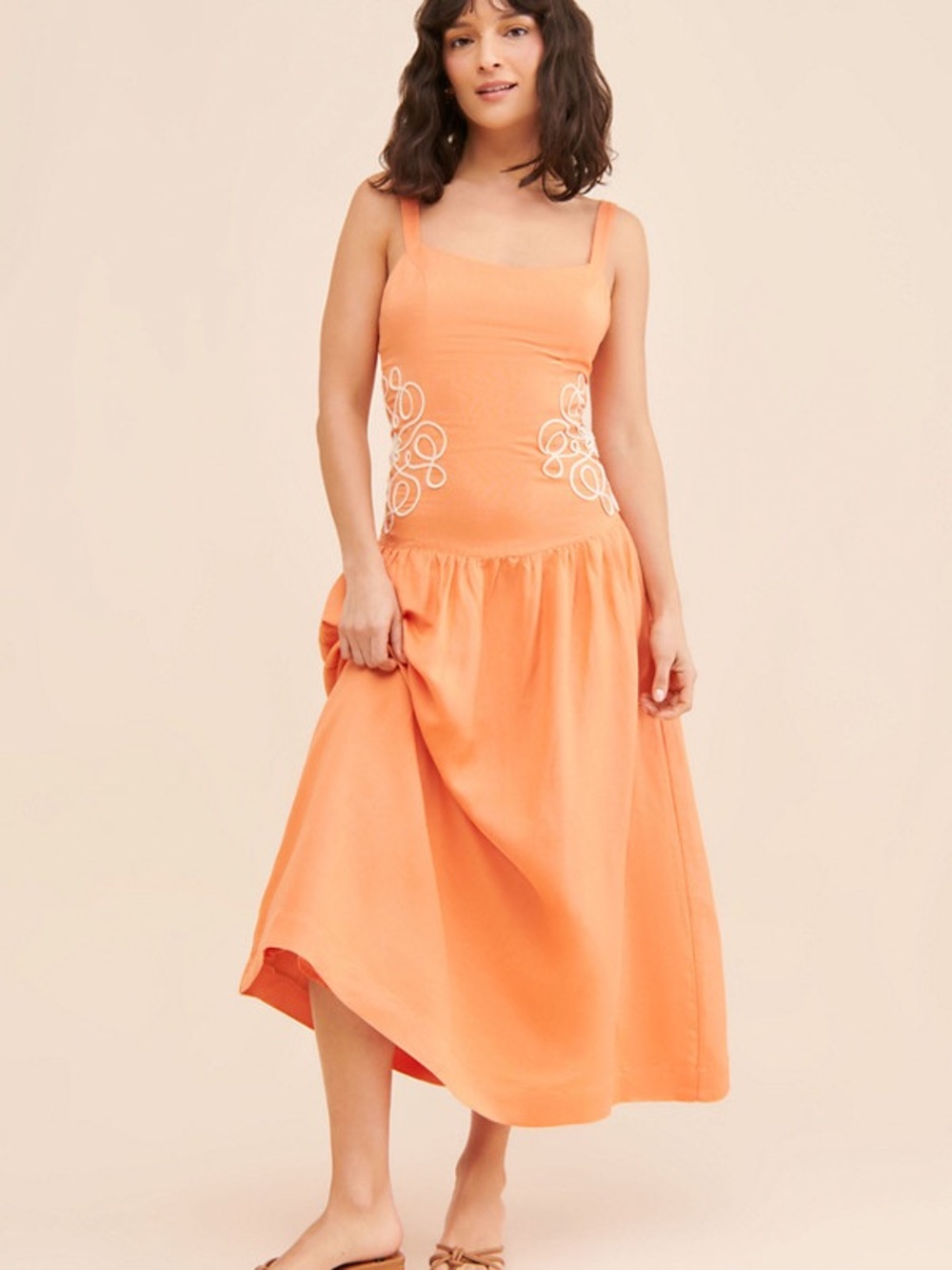 Mon Renn Luna Embroidered Orange Midi Dress Size M